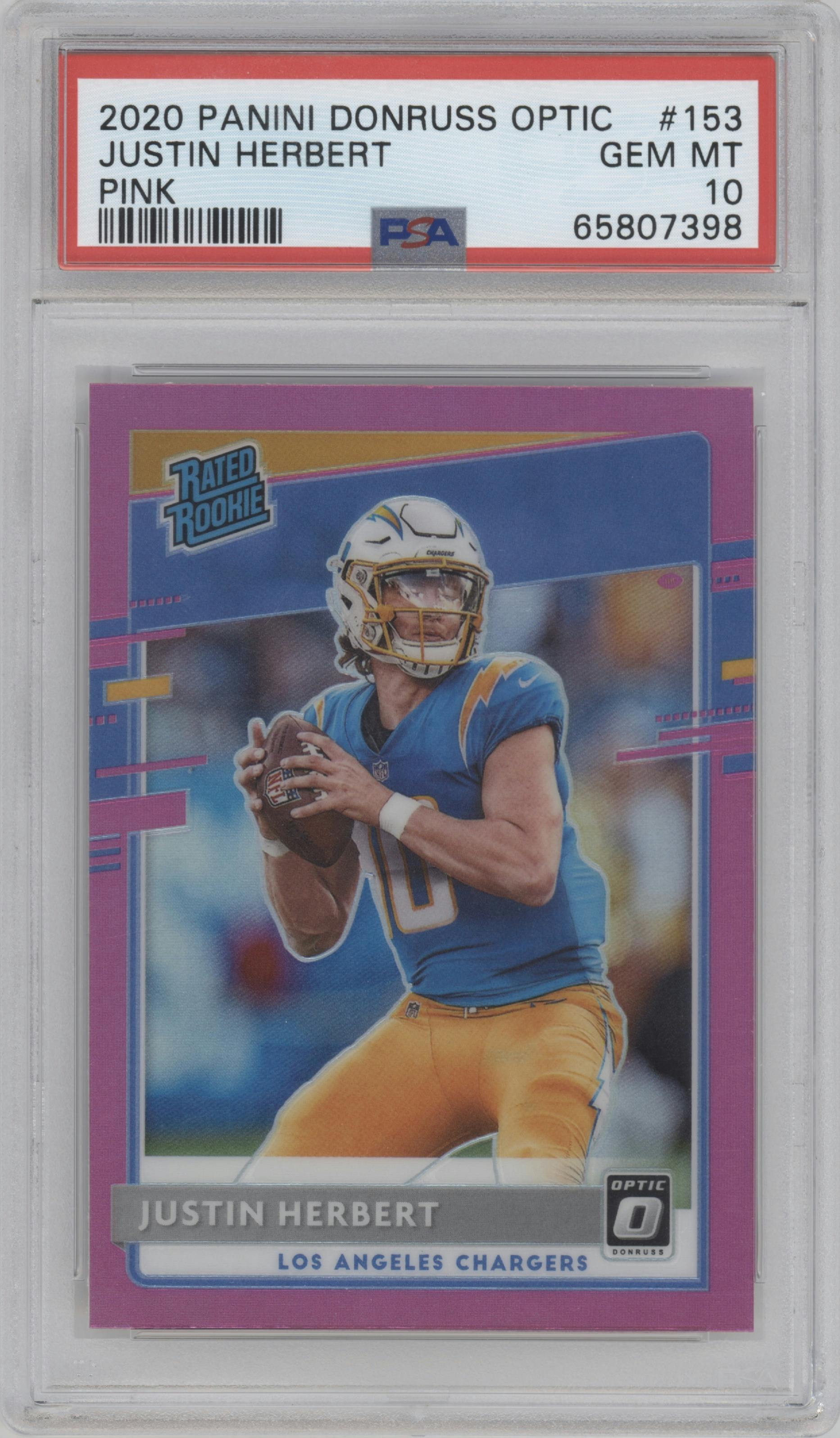 Justin Herbert from the 2020 Panini Donruss Optic set featuring a Pink parallel graded by PSA and given an overall grade of 10.