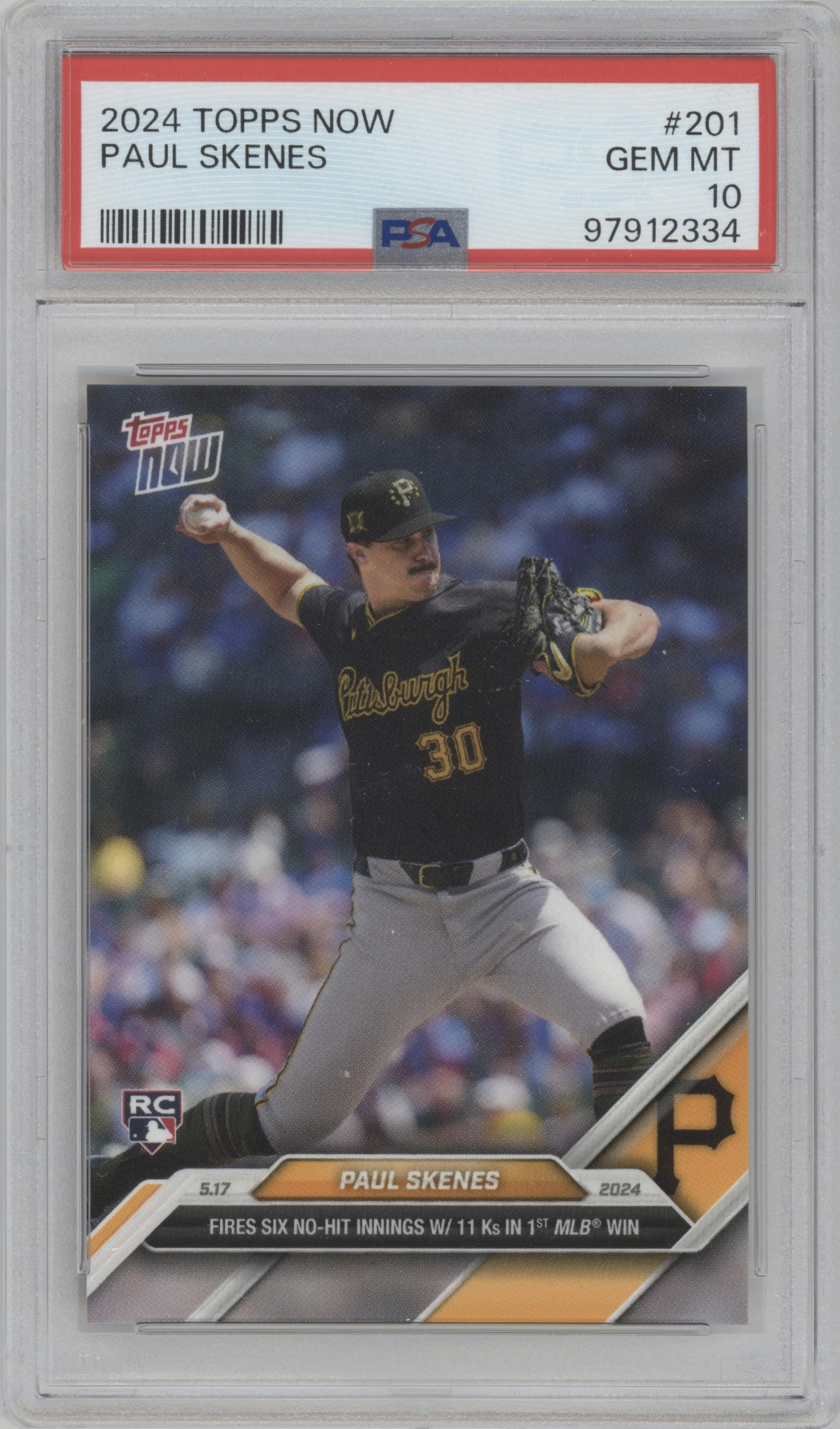 Paul Skenes from the 2024 Topps Now set graded by PSA and given an overall grade of 10.