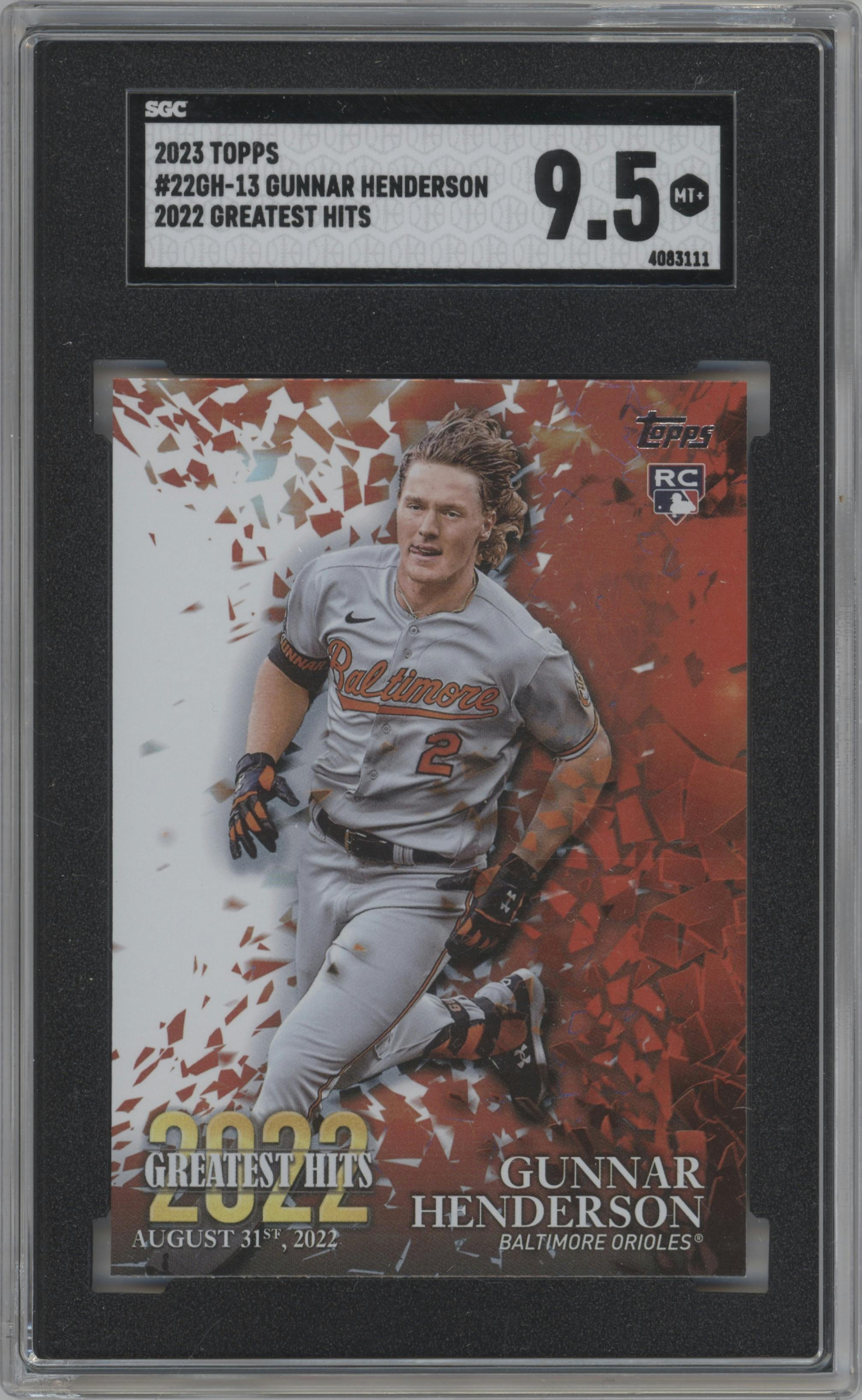 Gunnar Henderson from the 2023 Topps set graded by SGC and given an overall grade of 9.5.