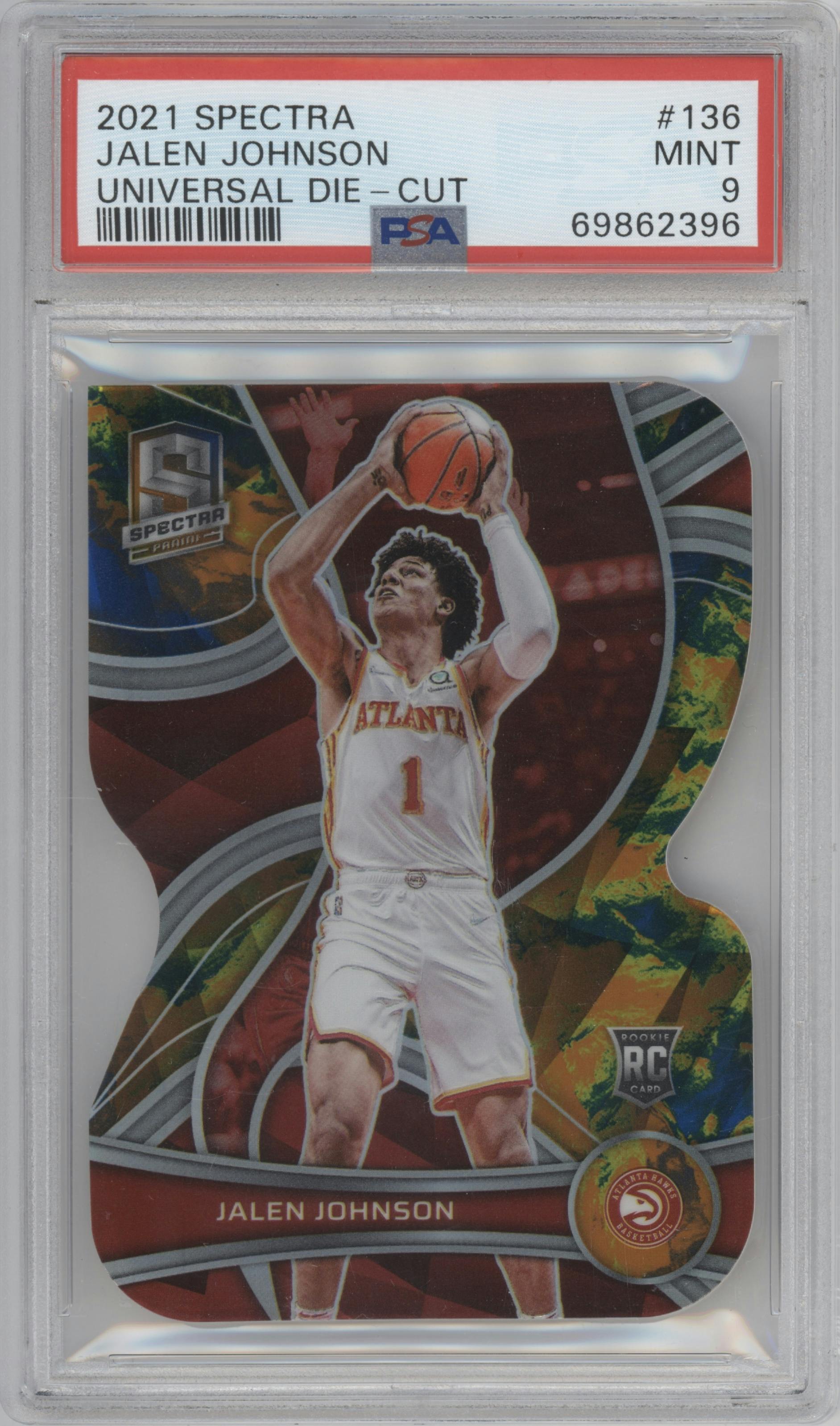 Jalen Johnson from the 2021-22 Panini Spectra set featuring a Die-Cut Universal parallel graded by PSA and given an overall grade of 9.