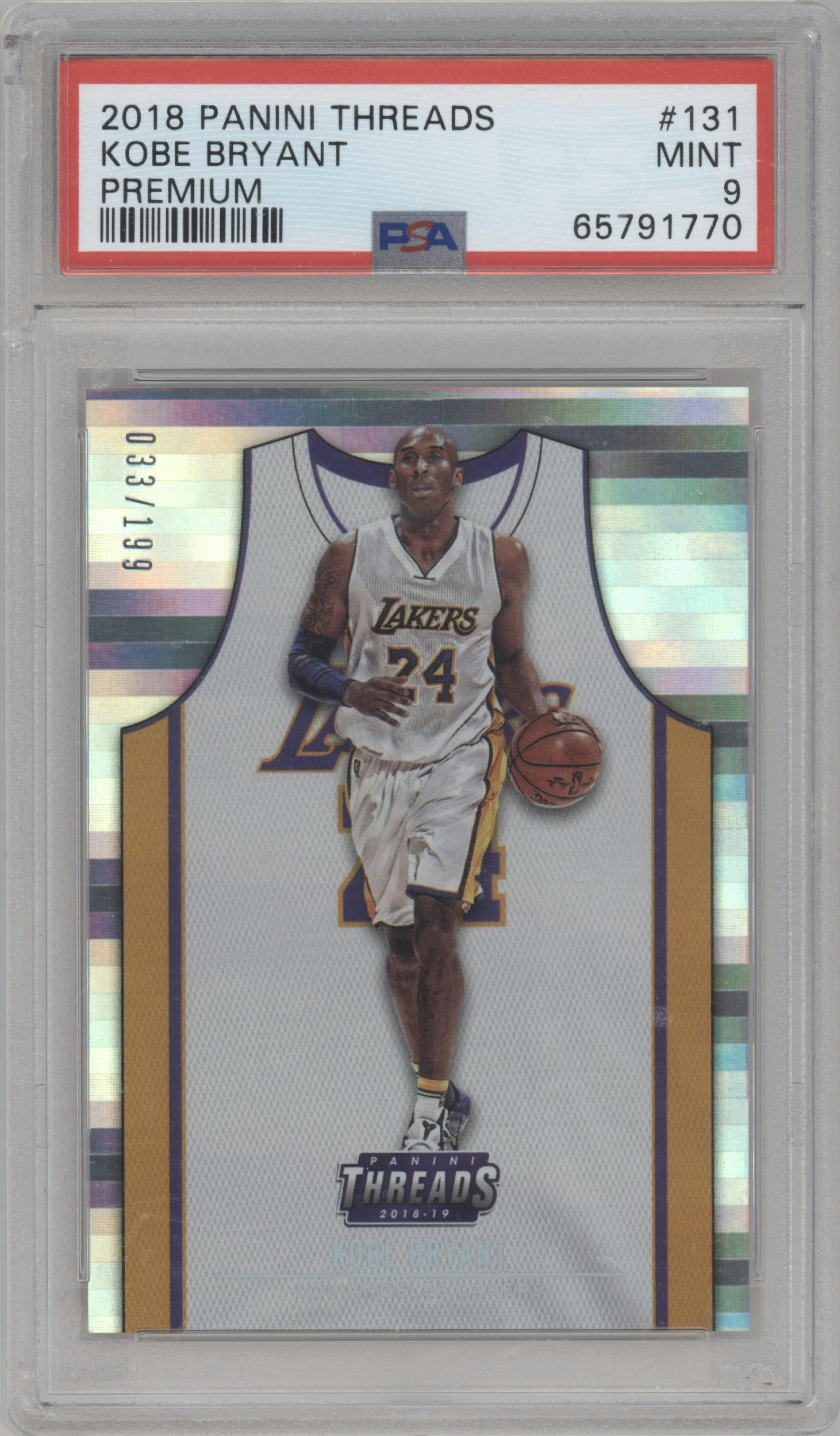 Kobe Bryant from the 2018-19 Panini Threads  set featuring a Premium parallel graded by PSA and given an overall grade of 9.