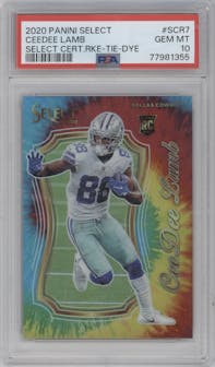 CeeDee Lamb from the 2020 Panini Select set featuring a Tie-Dye parallel graded by PSA and given an overall grade of 10.
