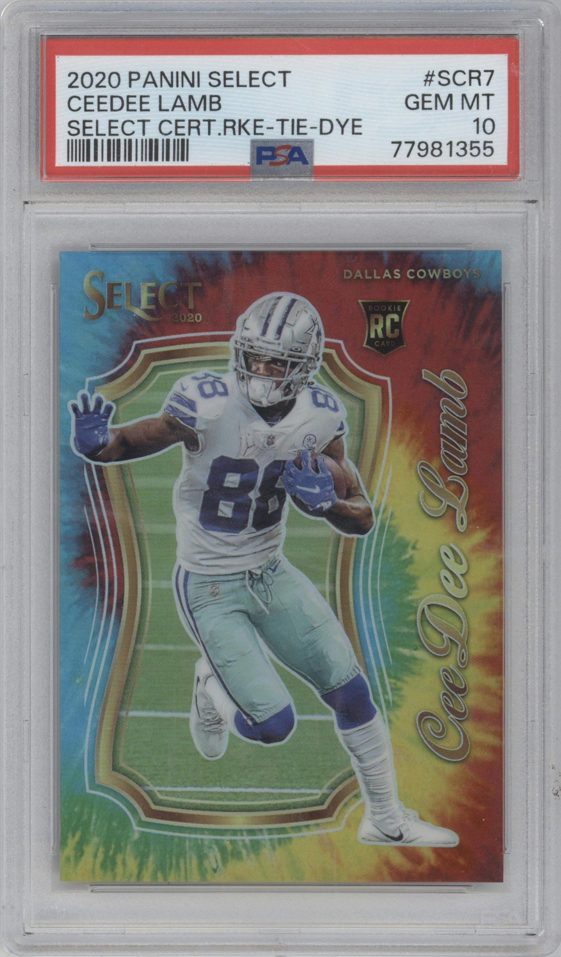 CeeDee Lamb from the 2020 Panini Select set featuring a Tie-Dye parallel graded by PSA and given an overall grade of 10.