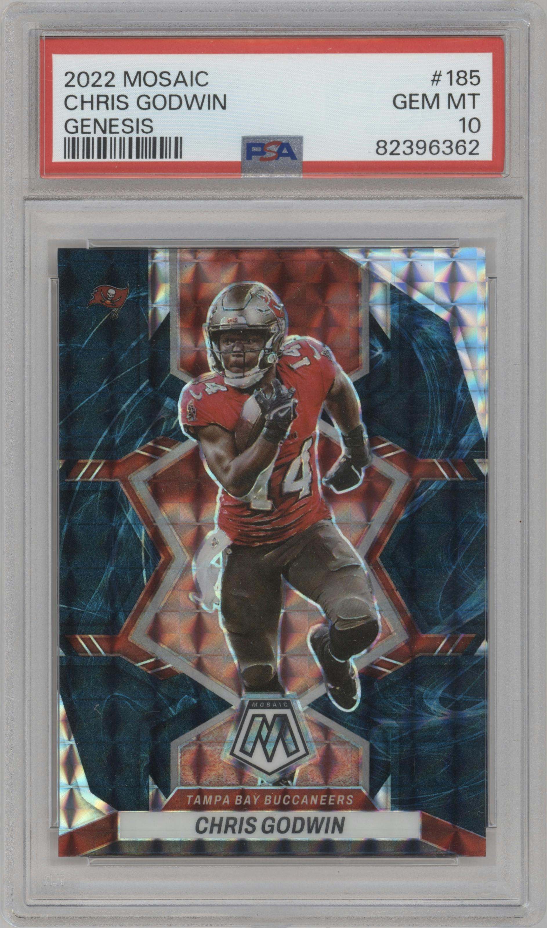 Chris Godwin from the 2022 Panini Mosaic set featuring a Genesis parallel graded by PSA and given an overall grade of 10.