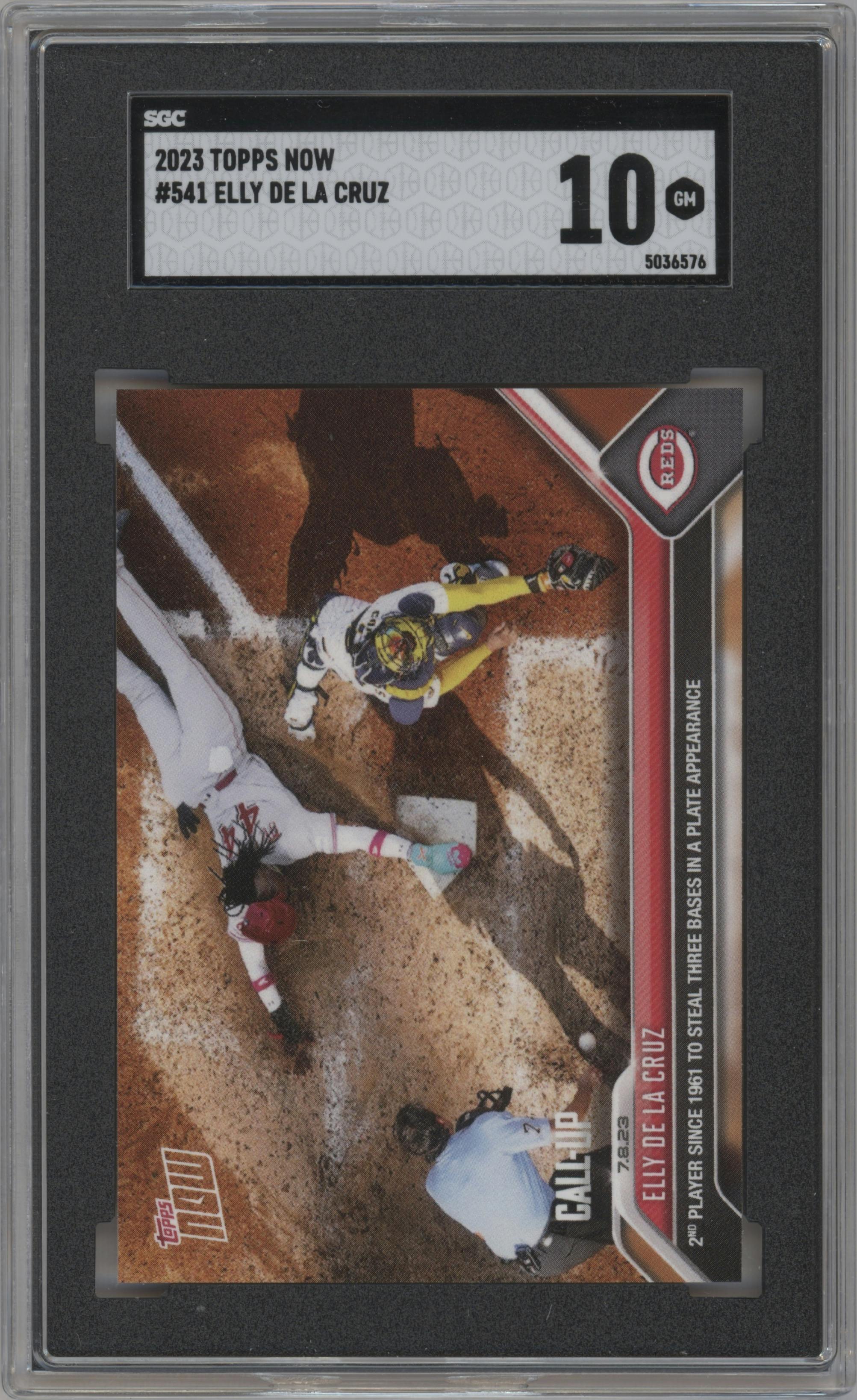 Elly De La Cruz from the 2023 Topps Now set graded by SGC and given an overall grade of 10.