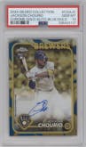 Jackson Chourio from the 2024 Topps Gilded Collection set featuring a Blue/Gold parallel graded by PSA and given an overall grade of 10.