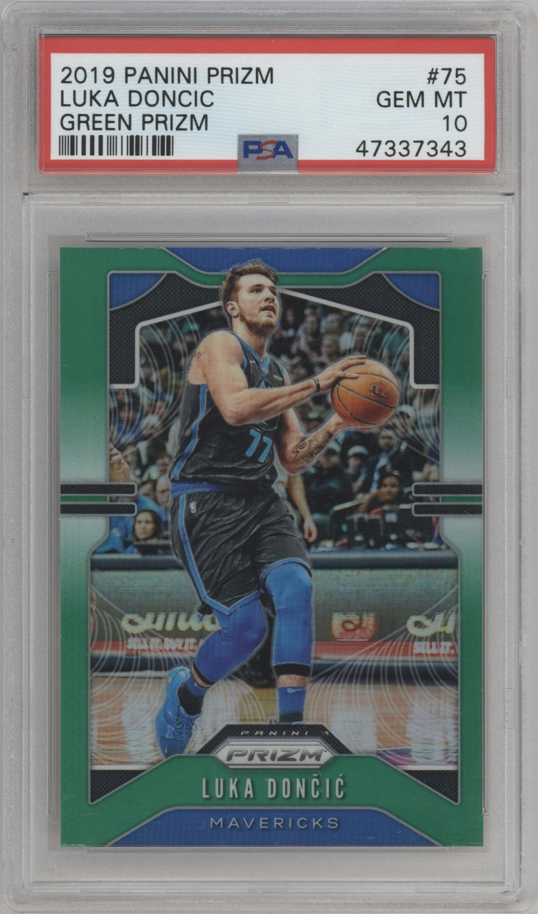 Luka Doncic from the 2019-20 Panini Prizm set featuring a Green Prizm parallel graded by PSA and given an overall grade of 10.