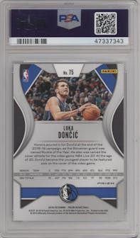 Luka Doncic from the 2019-20 Panini Prizm set featuring a Green Prizm parallel graded by PSA and given an overall grade of 10.