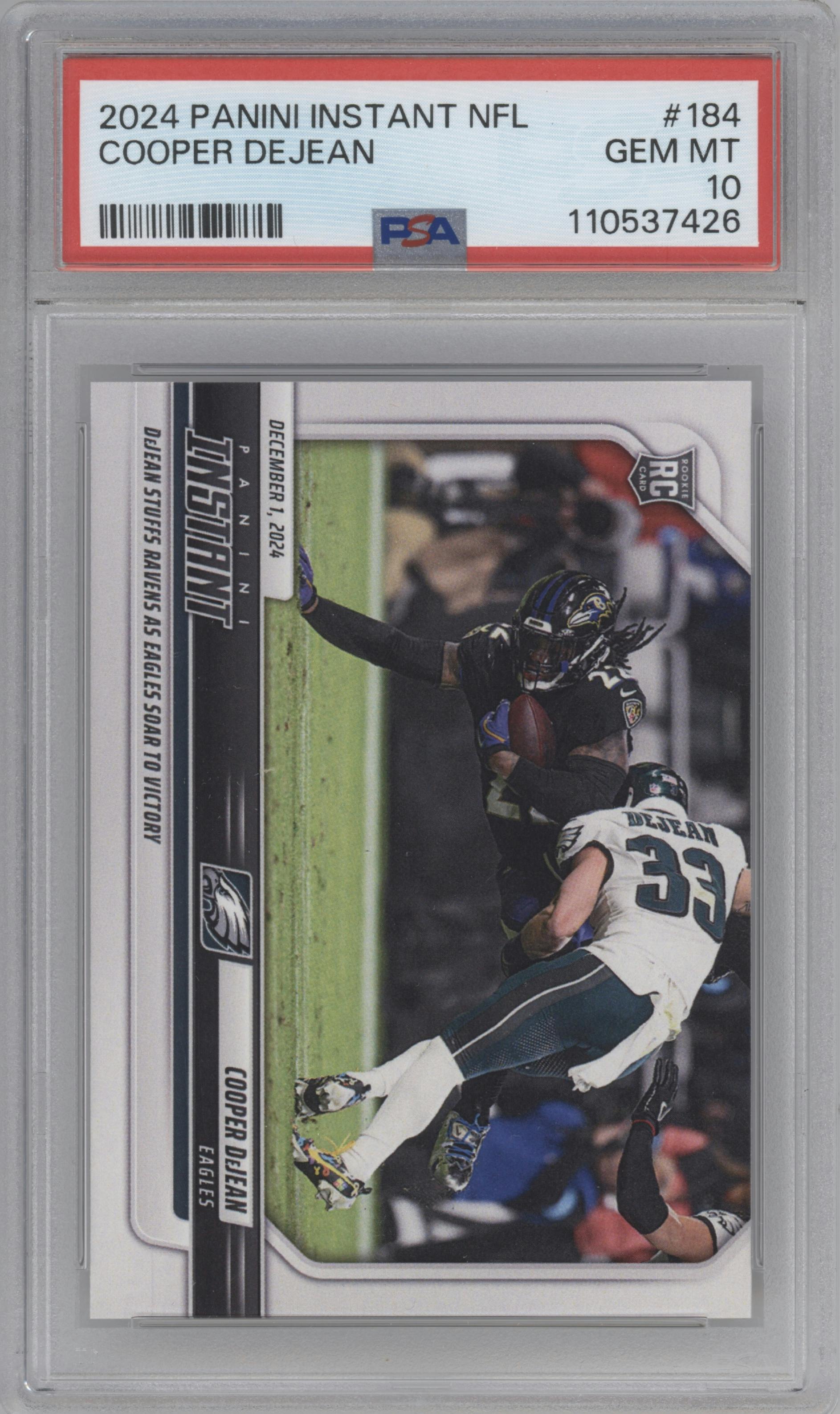 Cooper DeJean from the 2024 Panini Instant NFL set graded by PSA and given an overall grade of 10.