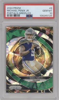 Michael Penix Jr. from the 2024 Panini Prizm set featuring a Green Ice parallel graded by PSA and given an overall grade of 10.