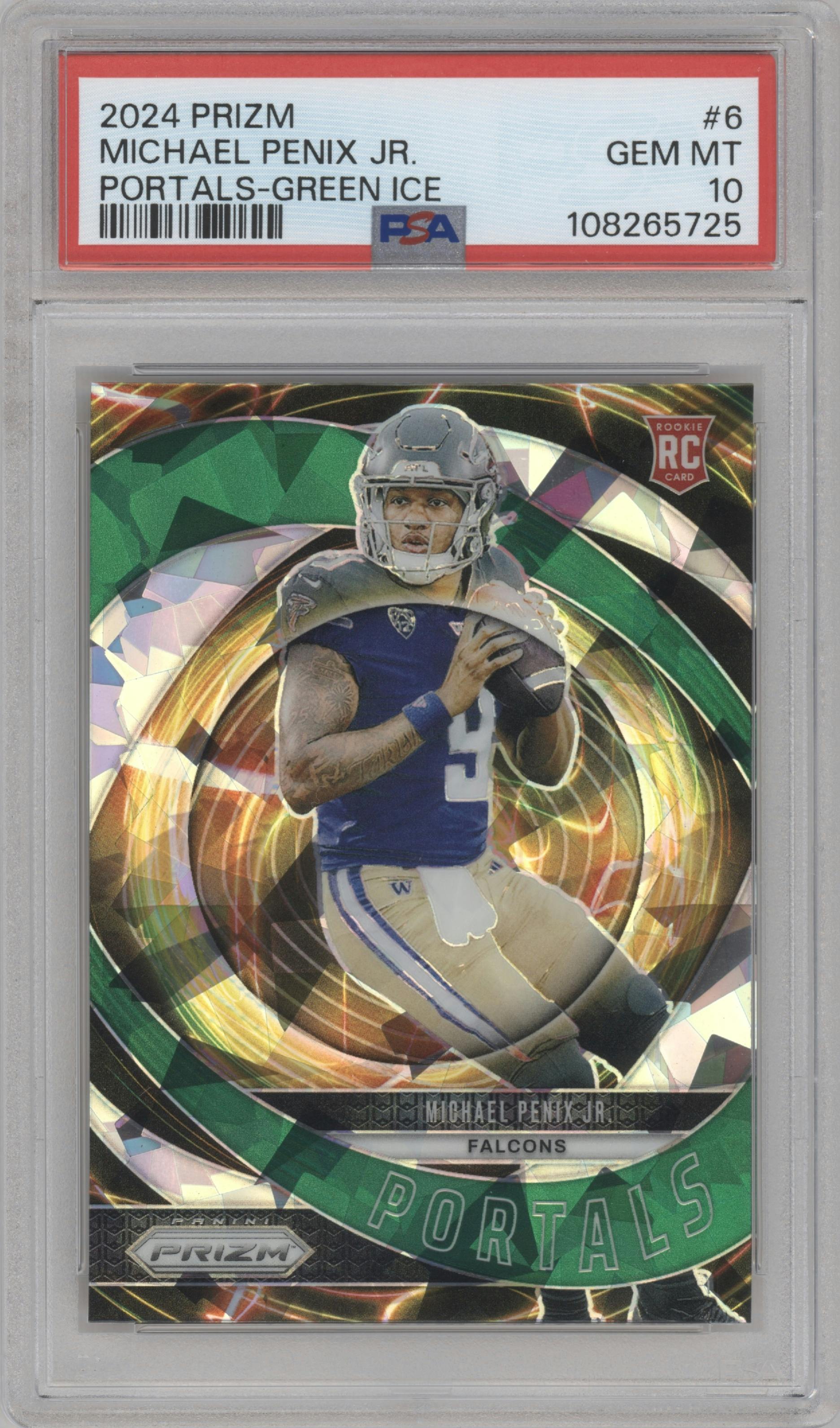 Michael Penix Jr. from the 2024 Panini Prizm set featuring a Green Ice parallel graded by PSA and given an overall grade of 10.