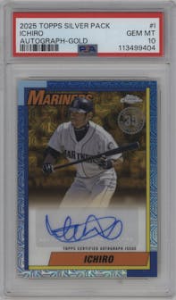 Ichiro from the 2025 Topps set featuring a Gold Refractor parallel graded by PSA and given an overall grade of 10.