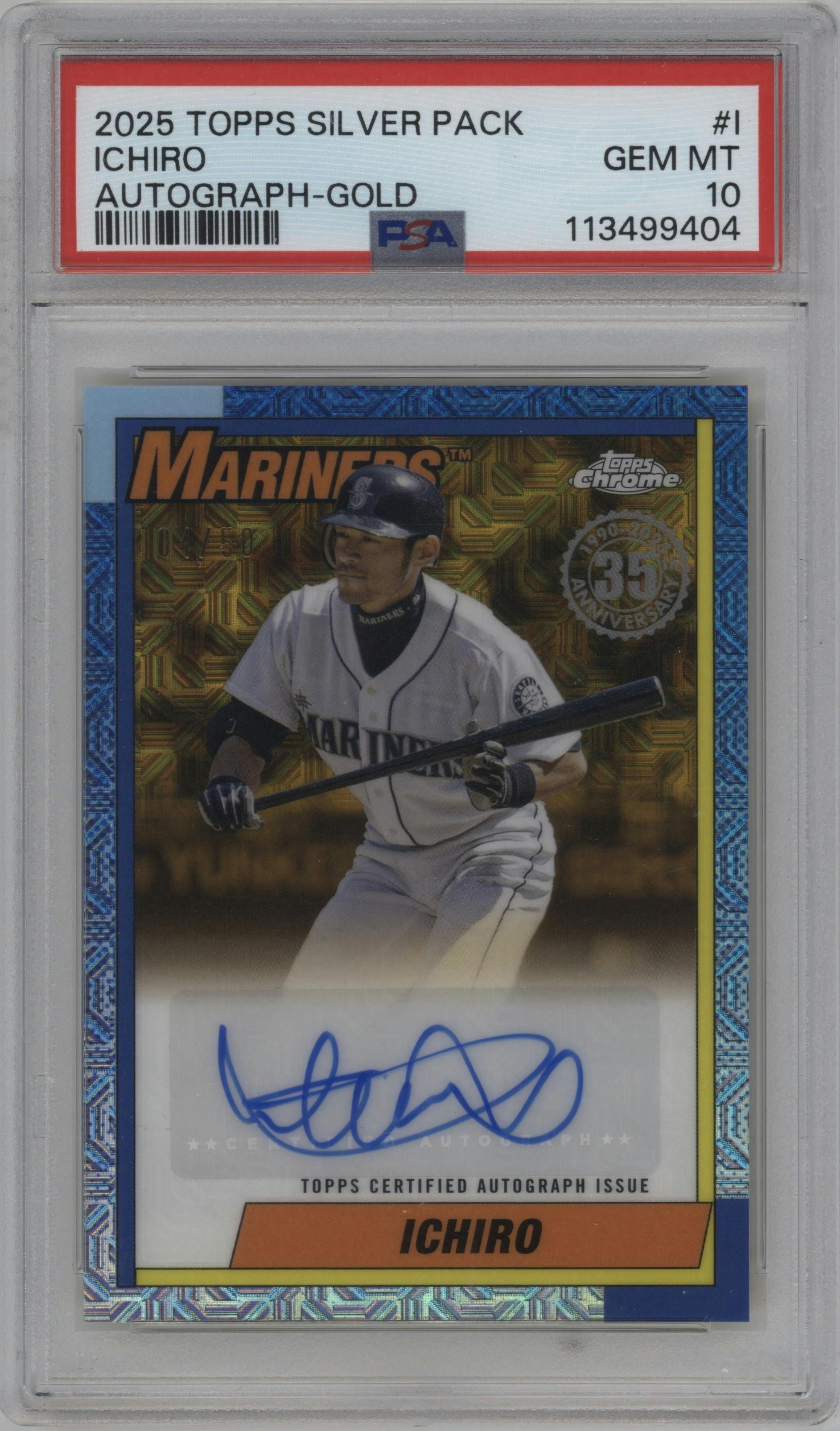 Ichiro from the 2025 Topps set featuring a Gold Refractor parallel graded by PSA and given an overall grade of 10.