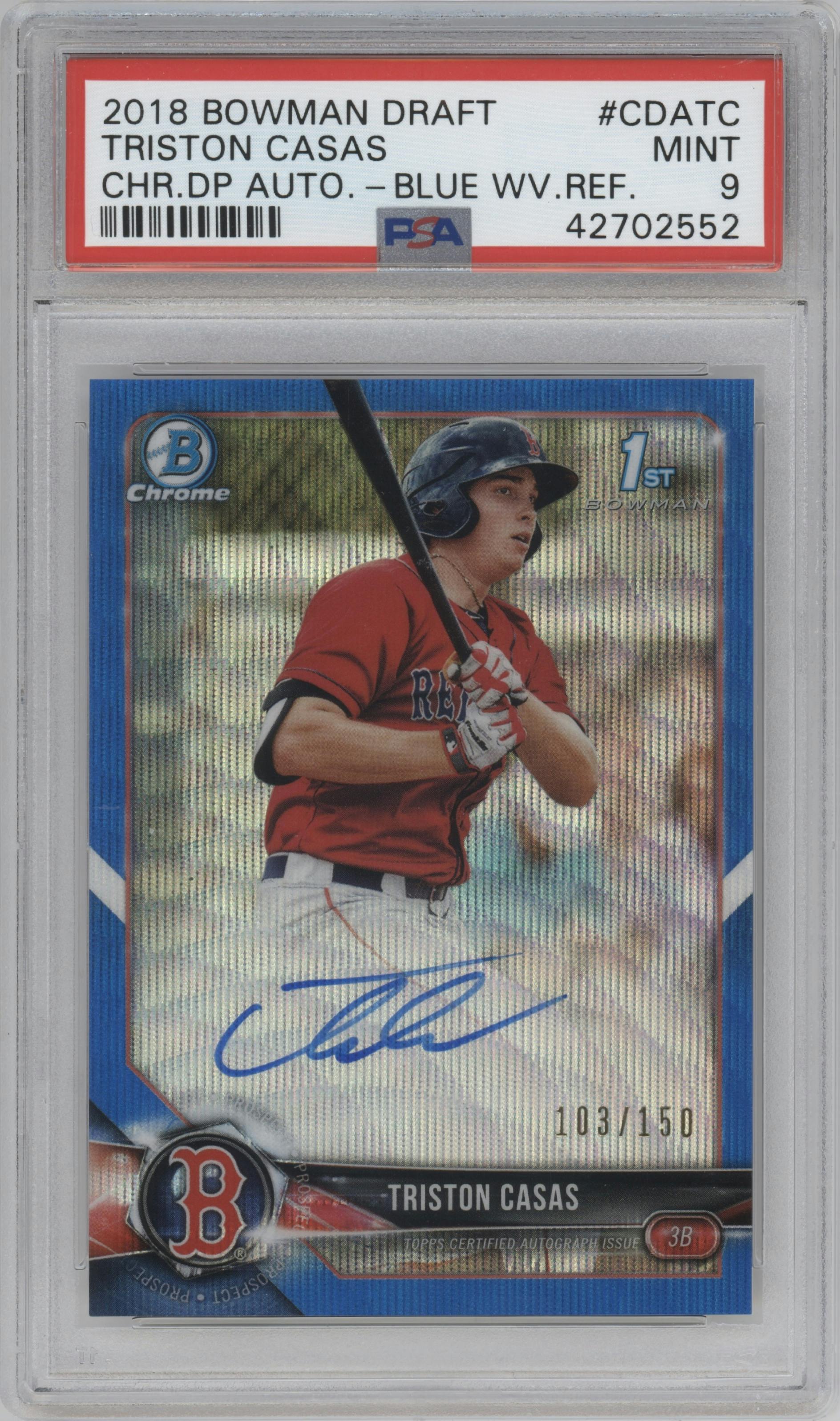 Triston Casas from the 2018 Bowman Draft set featuring a Blue Wave Refractor parallel graded by PSA and given an overall grade of 9.