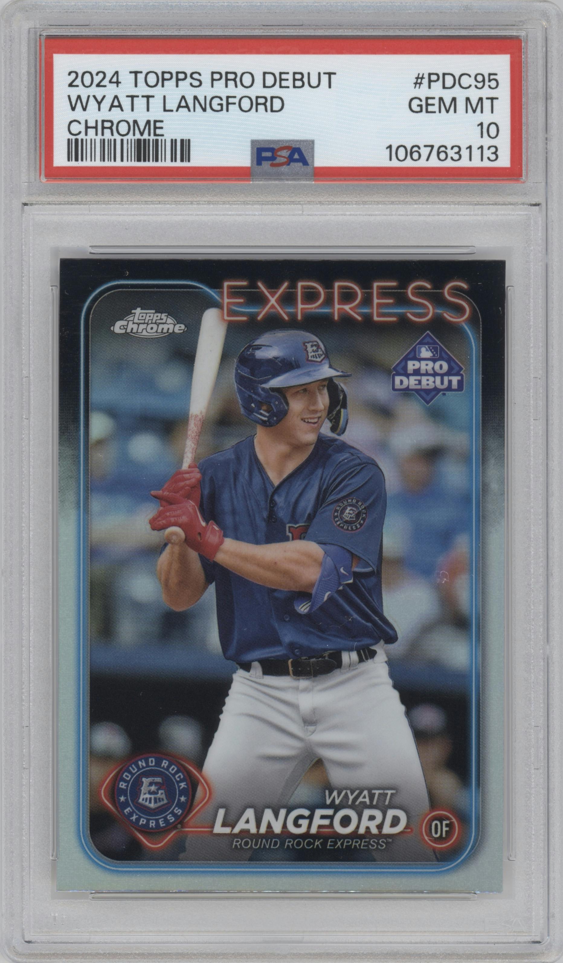 Wyatt Langford from the 2024 Topps Pro Debut set graded by PSA and given an overall grade of 10.