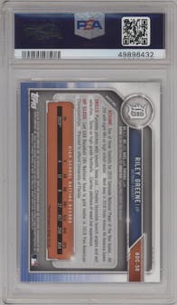 Riley Greene from the 2019 Bowman Draft Sapphire Edition set graded by PSA and given an overall grade of 10.
