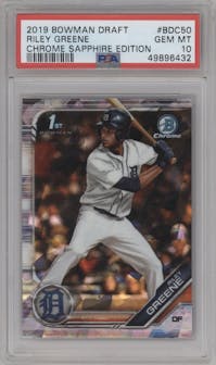 Riley Greene from the 2019 Bowman Draft Sapphire Edition set graded by PSA and given an overall grade of 10.