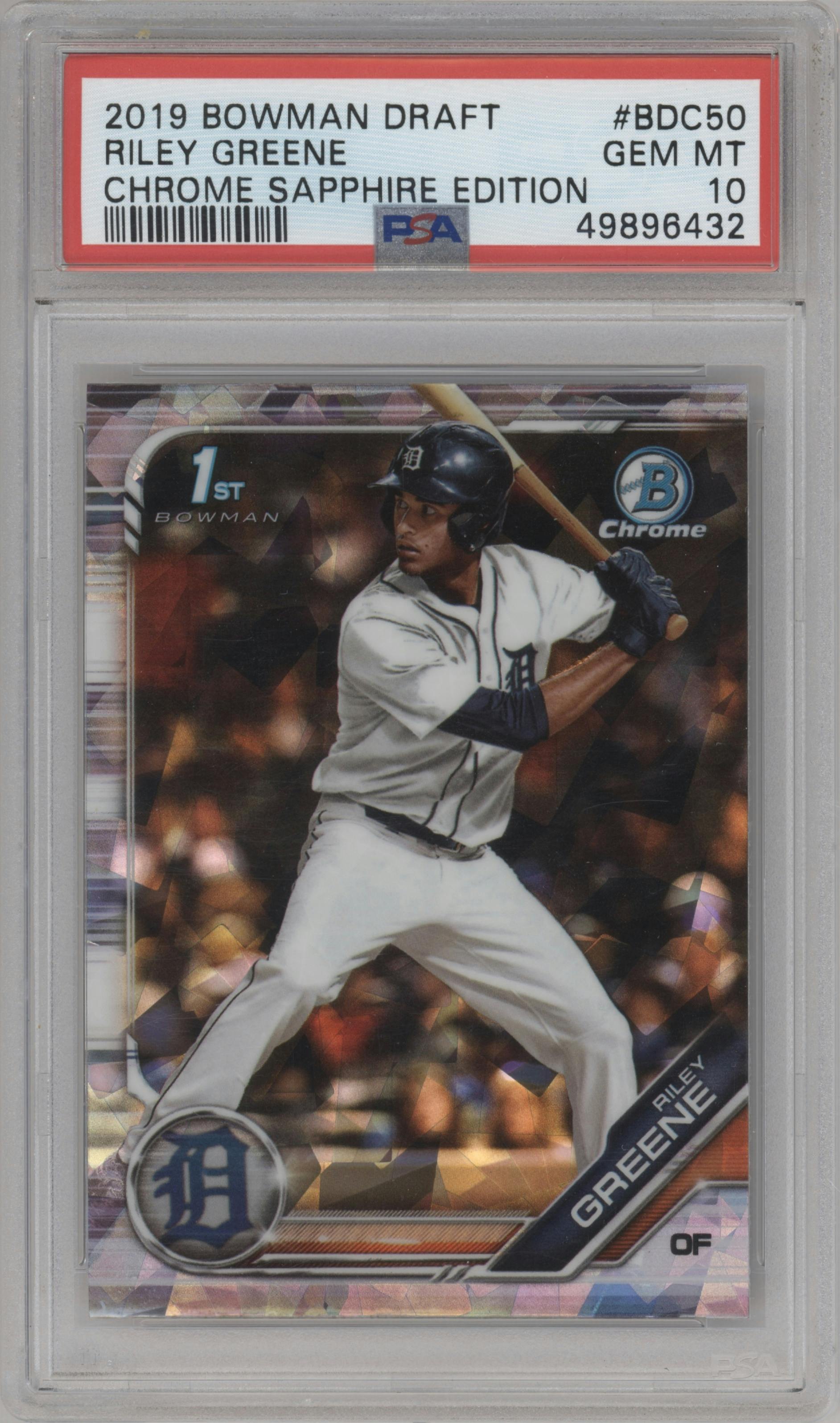 Riley Greene from the 2019 Bowman Draft Sapphire Edition set graded by PSA and given an overall grade of 10.