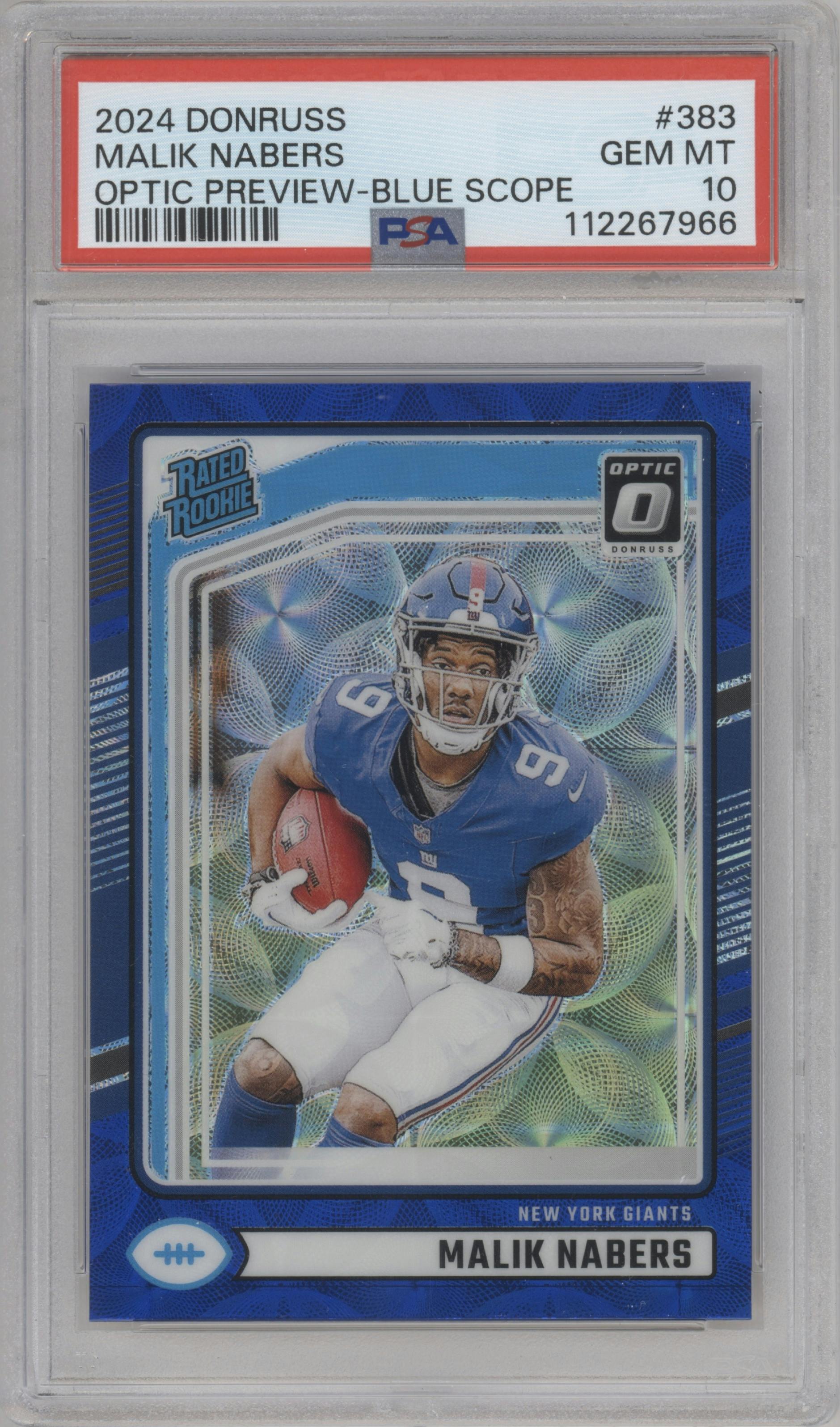 Malik Nabers from the 2024 Donruss set featuring a Blue Scope parallel graded by PSA and given an overall grade of 10.