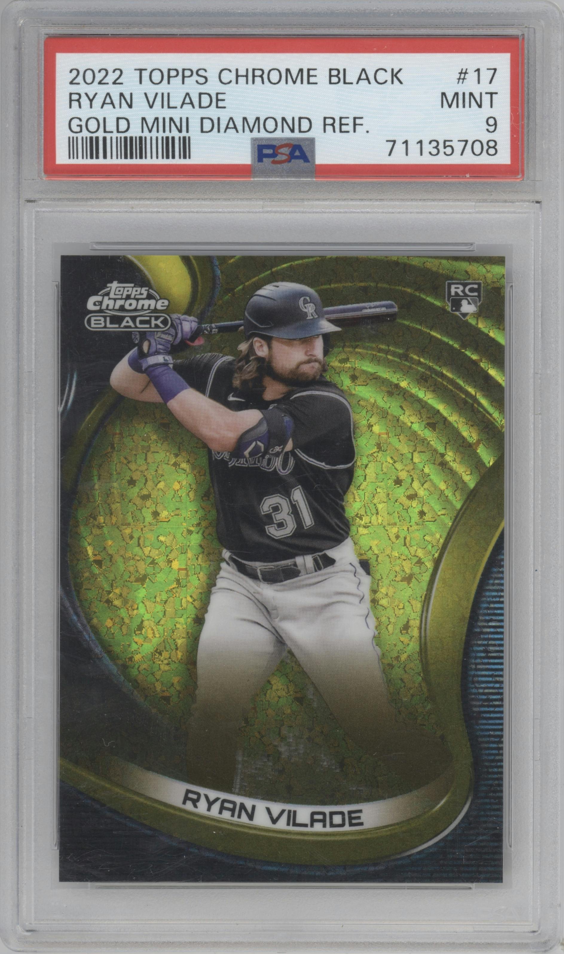 Ryan Vilade  from the 2022 Topps Chrome Black set featuring a Gold Mini-Diamond parallel graded by PSA and given an overall grade of 9.