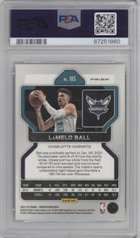 LaMelo Ball from the 2021-22 Panini Prizm  set featuring a Blue NBA 75th Prizm parallel graded by PSA and given an overall grade of 10.