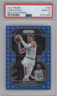 LaMelo Ball from the 2021-22 Panini Prizm  set featuring a Blue NBA 75th Prizm parallel graded by PSA and given an overall grade of 10.