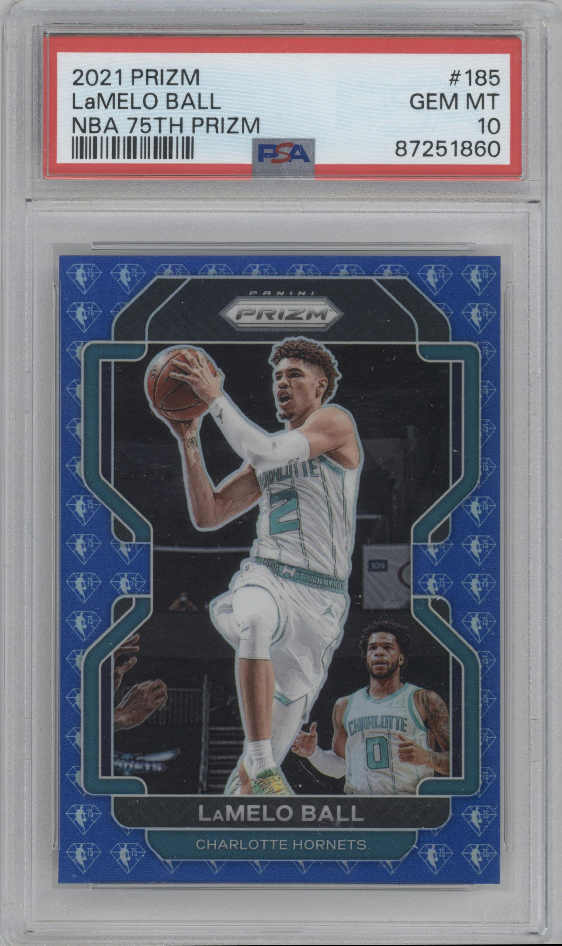 LaMelo Ball from the 2021-22 Panini Prizm  set featuring a Blue NBA 75th Prizm parallel graded by PSA and given an overall grade of 10.