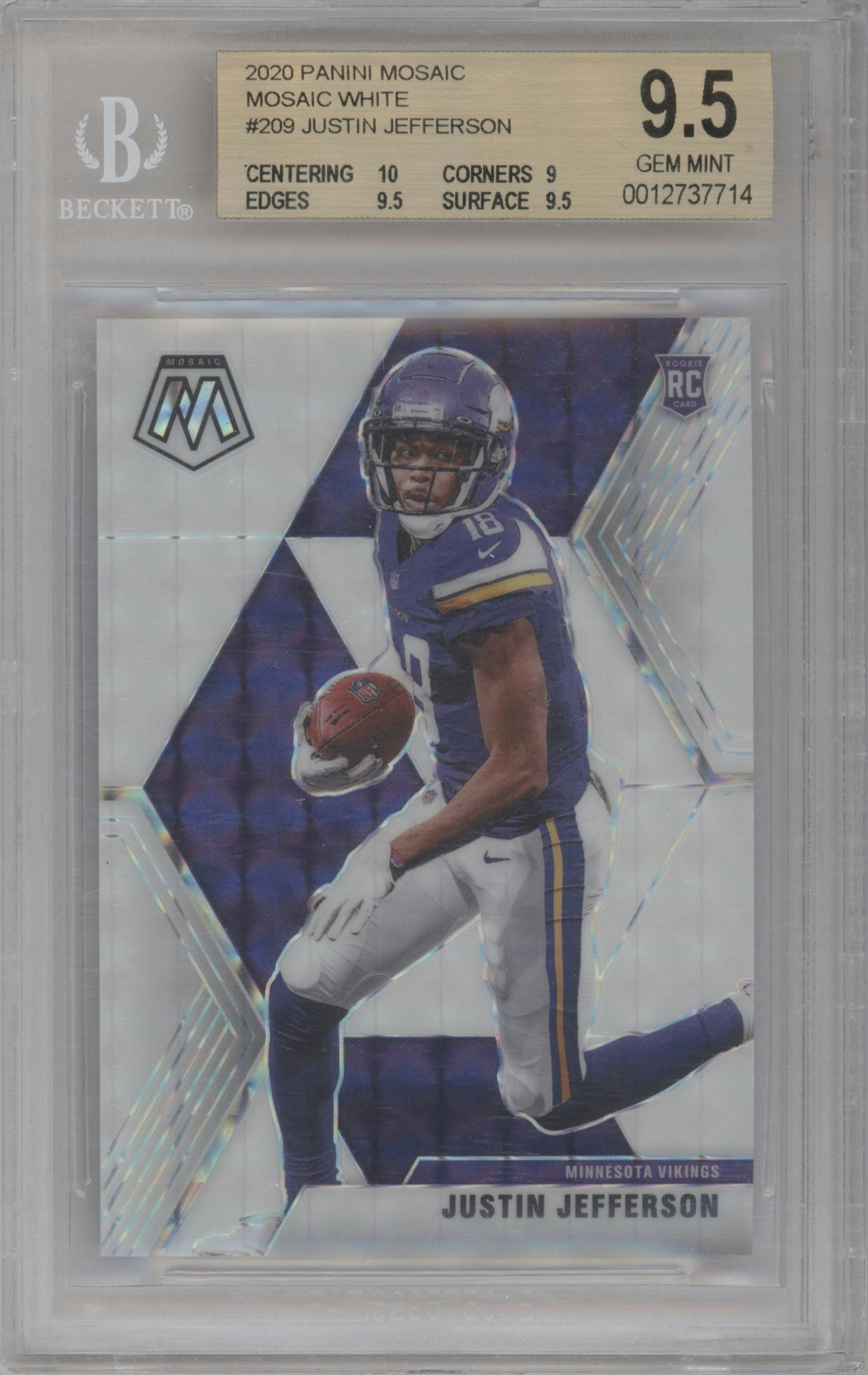 Justin Jefferson from the 2020 Panini Mosaic set featuring a White Mosaic parallel graded by Beckett and given an overall grade of 9.5.