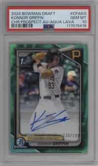 Konnor Griffin from the 2024 Bowman Draft set featuring a Aqua Lava Refractor   parallel graded by PSA and given an overall grade of 10.