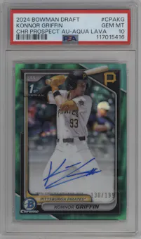 Konnor Griffin from the 2024 Bowman Draft set featuring a Aqua Lava Refractor   parallel graded by PSA and given an overall grade of 10.