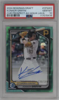 Konnor Griffin from the 2024 Bowman Draft set featuring a Aqua Lava Refractor parallel graded by PSA and given an overall grade of 10.