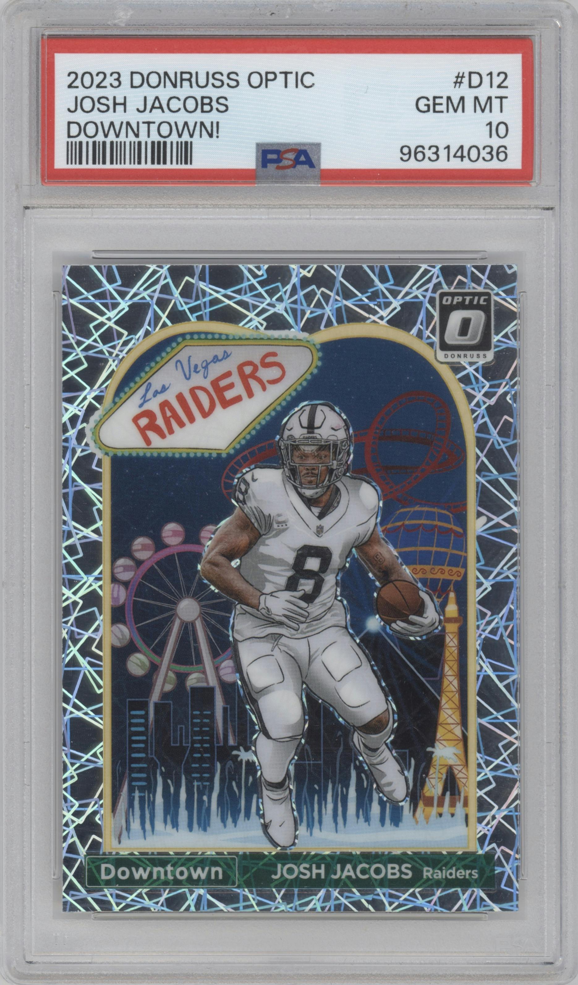 Josh Jacobs from the 2023 Donruss Optic set graded by PSA and given an overall grade of 10.