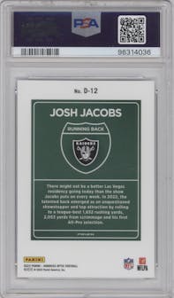 Josh Jacobs from the 2023 Donruss Optic set graded by PSA and given an overall grade of 10.