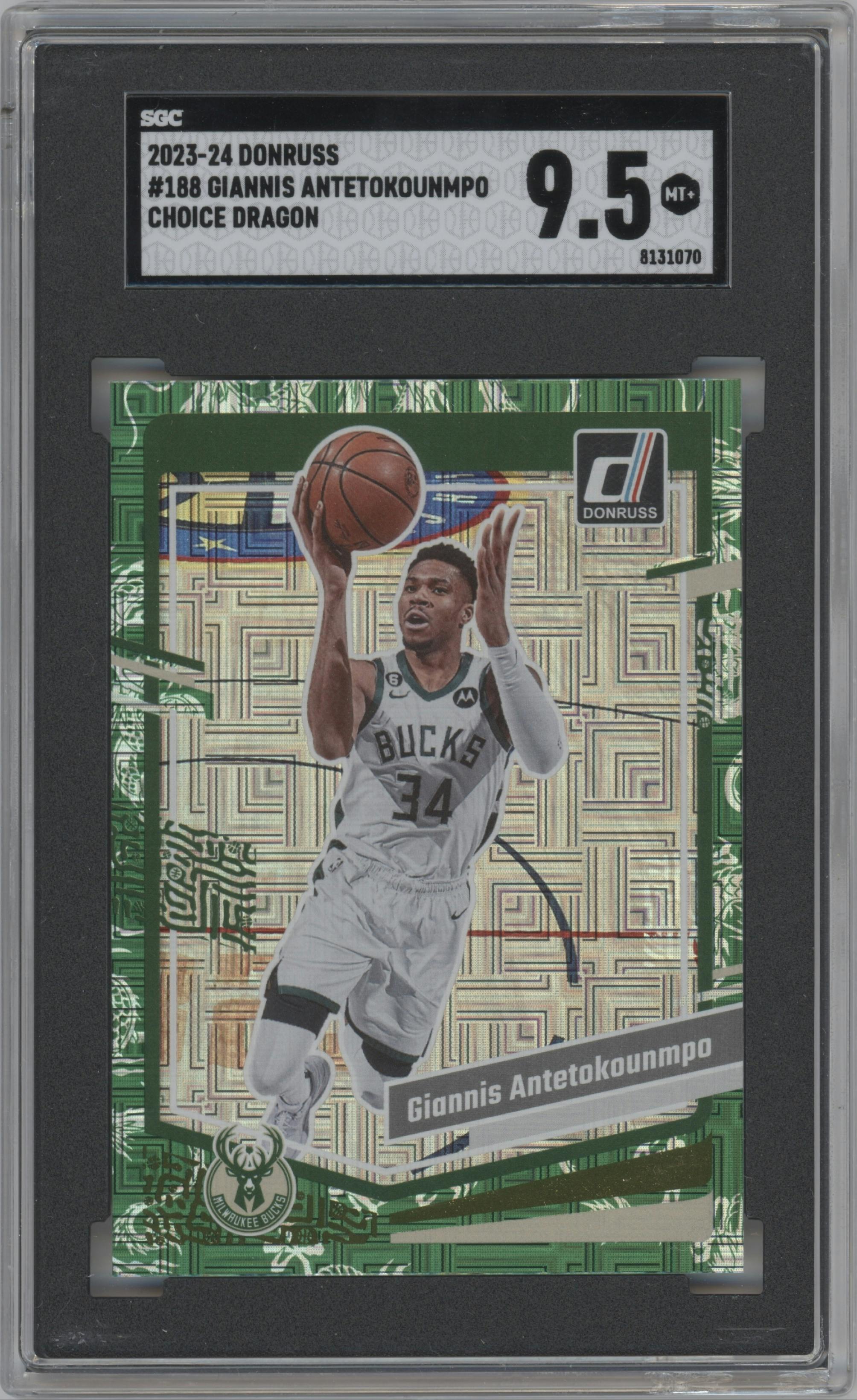 Giannis Antetokounmpo from the 2023-24 Panini Donruss set featuring a Choice Dragon parallel graded by SGC and given an overall grade of 9.5.