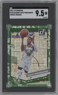 Giannis Antetokounmpo from the 2023-24 Panini Donruss set featuring a Choice Dragon parallel graded by SGC and given an overall grade of 9.5.