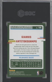 Giannis Antetokounmpo from the 2023-24 Panini Donruss set featuring a Choice Dragon parallel graded by SGC and given an overall grade of 9.5.