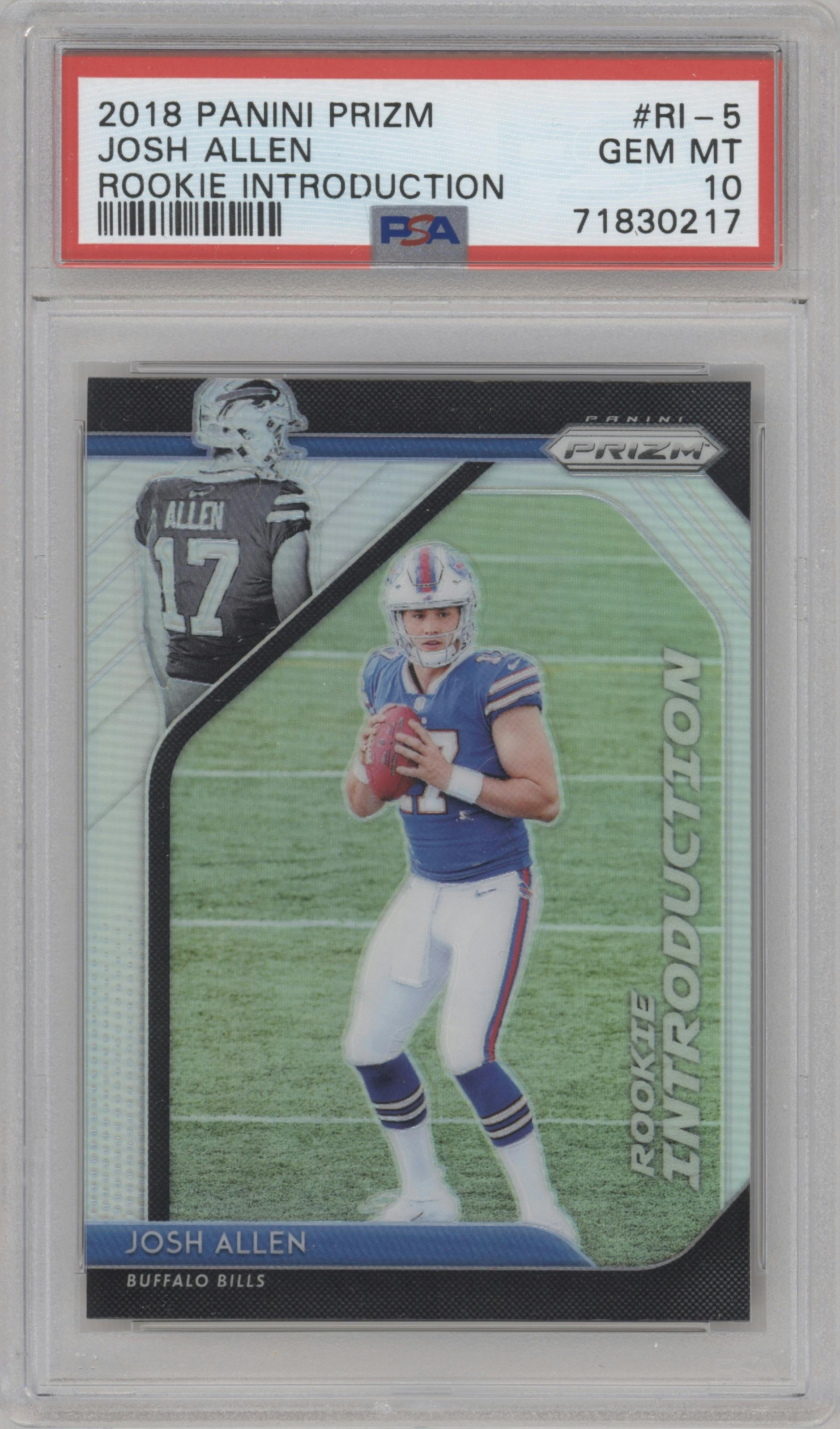 Josh Allen from the 2018 Panini Prizm set graded by PSA and given an overall grade of 10.