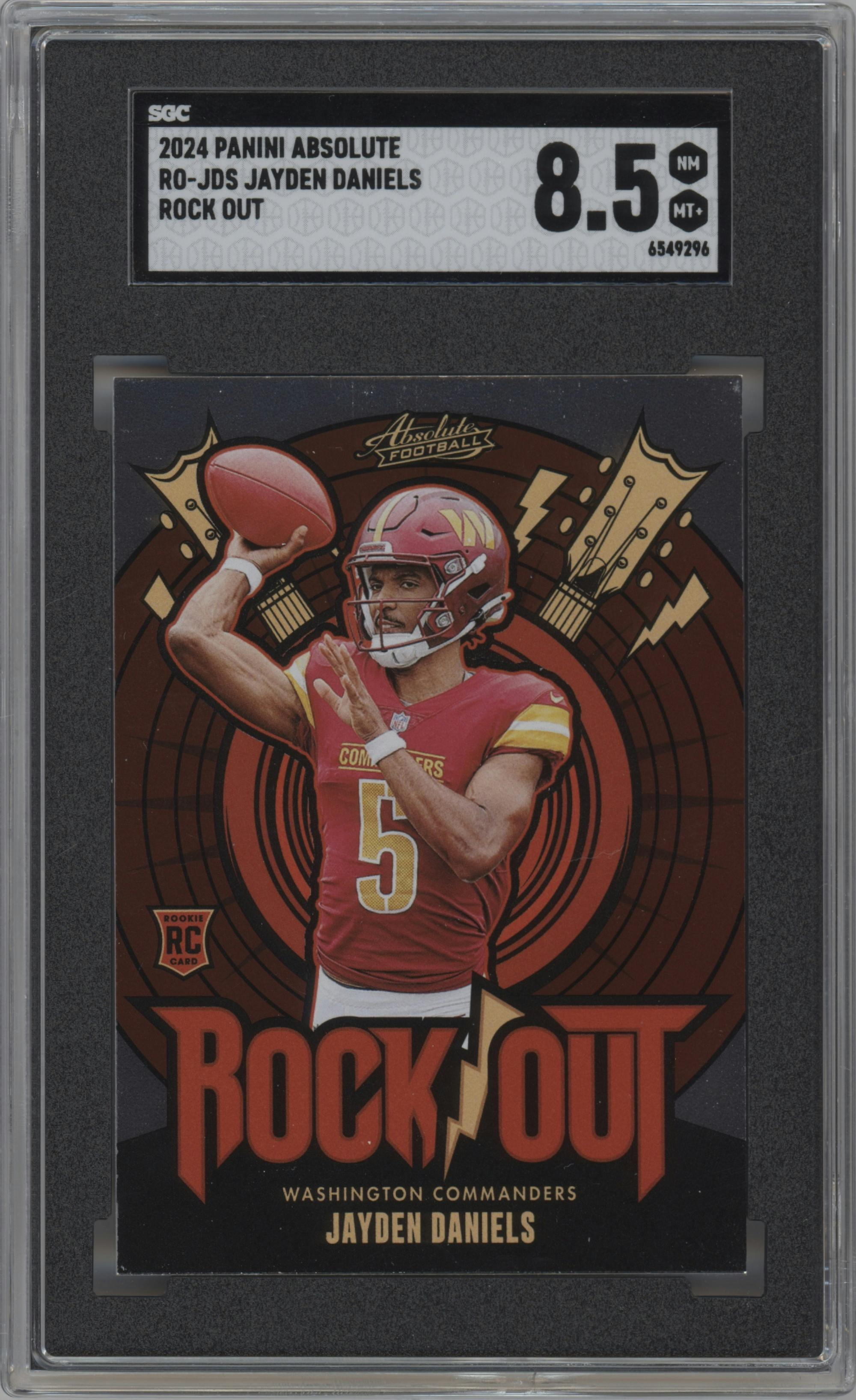 Jayden Daniels from the 2024 Panini Absolute set graded by SGC and given an overall grade of 8.5.