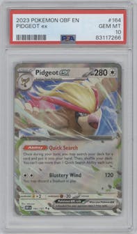 Pidgeot EX from the 2023 Pokemon SV set graded by PSA and given an overall grade of 10.