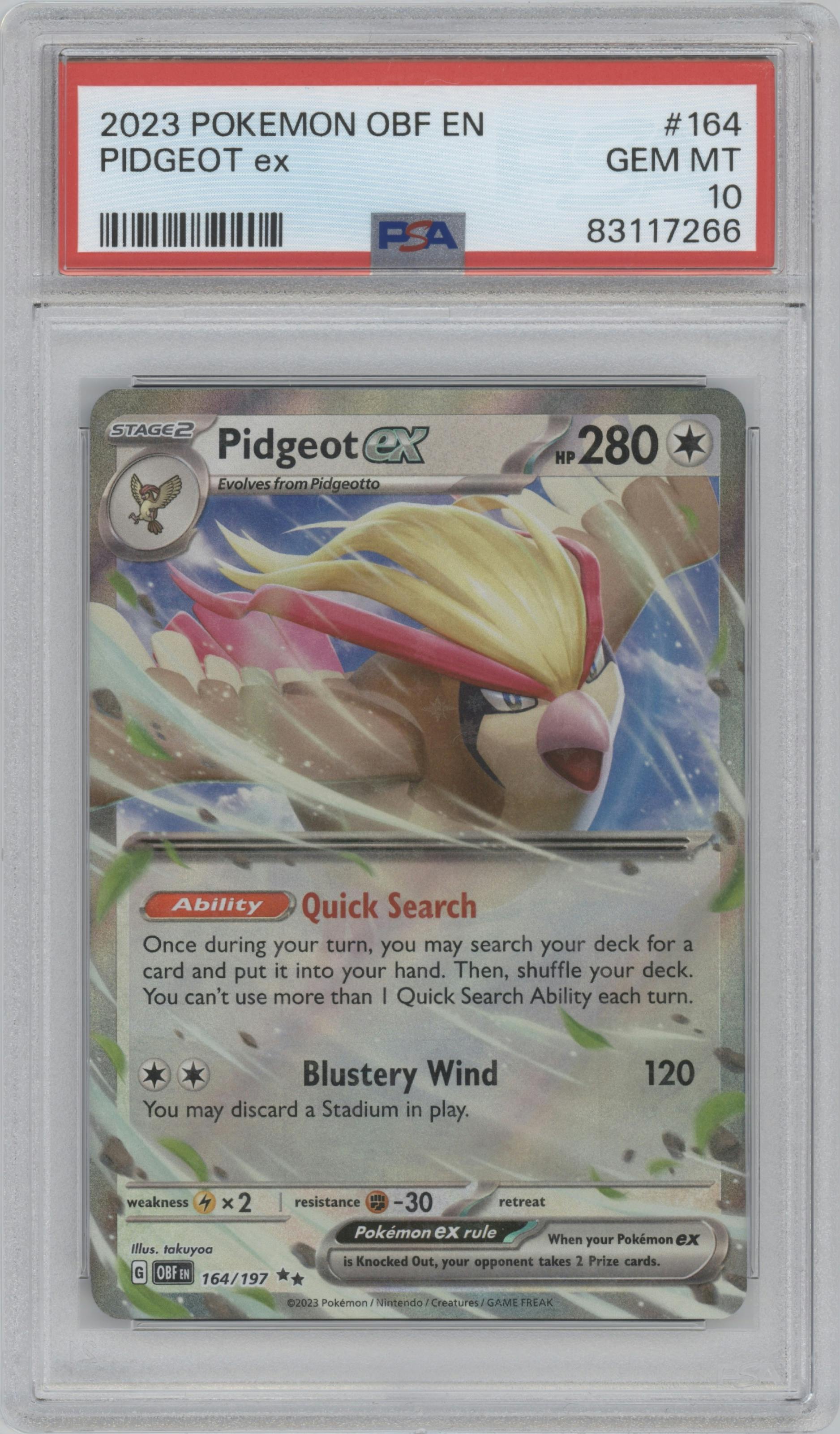 Pidgeot EX from the 2023 Pokemon SV set graded by PSA and given an overall grade of 10.