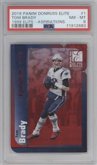 Tom Brady from the 2019 Panini Donruss Elite set featuring a Aspirations parallel graded by PSA and given an overall grade of 8.