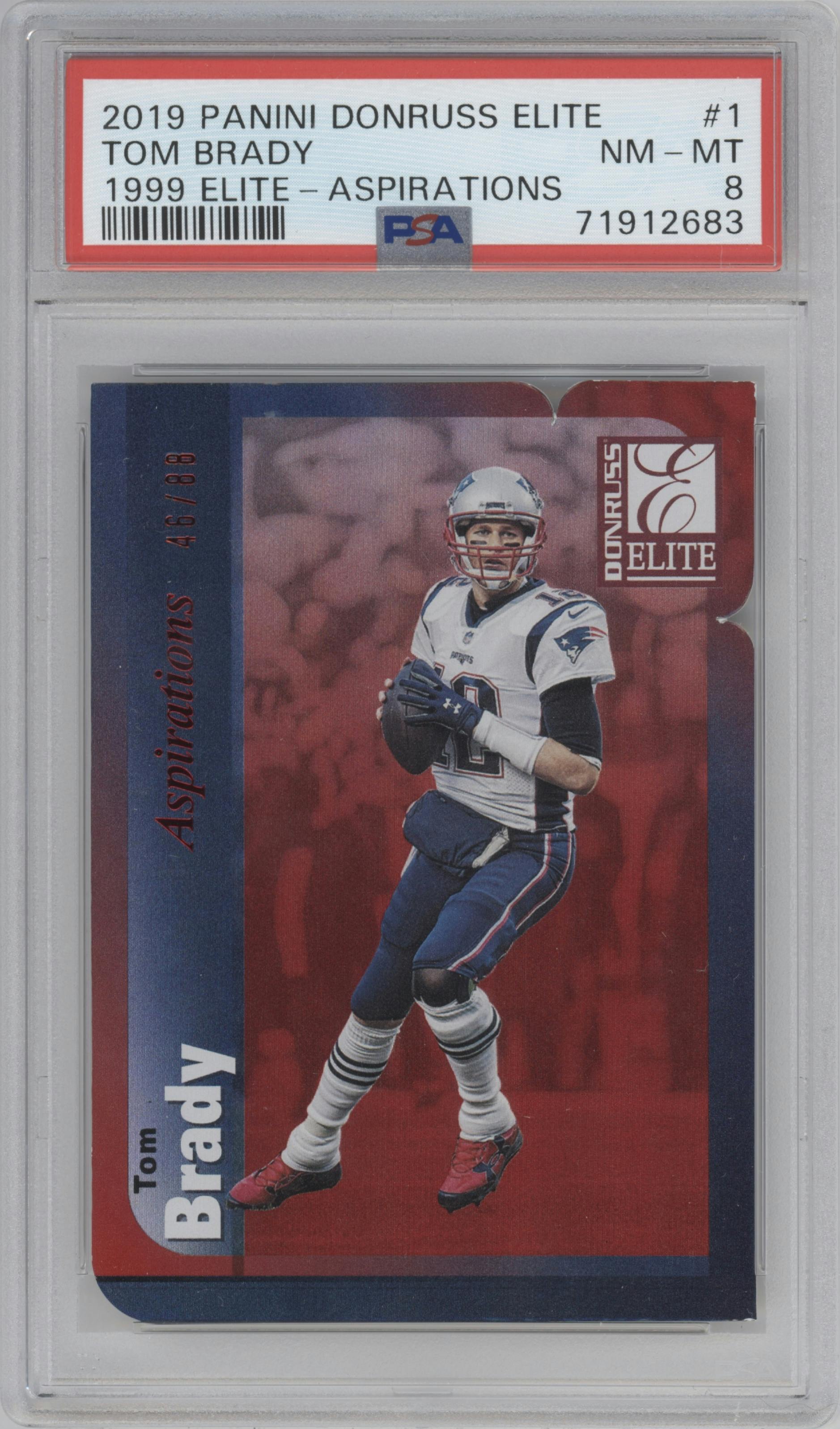 Tom Brady from the 2019 Panini Donruss Elite set featuring a Aspirations parallel graded by PSA and given an overall grade of 8.
