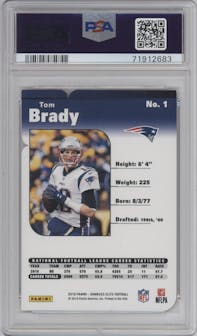 Tom Brady from the 2019 Panini Donruss Elite set featuring a Aspirations parallel graded by PSA and given an overall grade of 8.