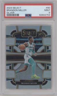 Brandon Miller from the 2023-24 Panini Select  set featuring a Silver Prizm parallel graded by PSA and given an overall grade of 9.