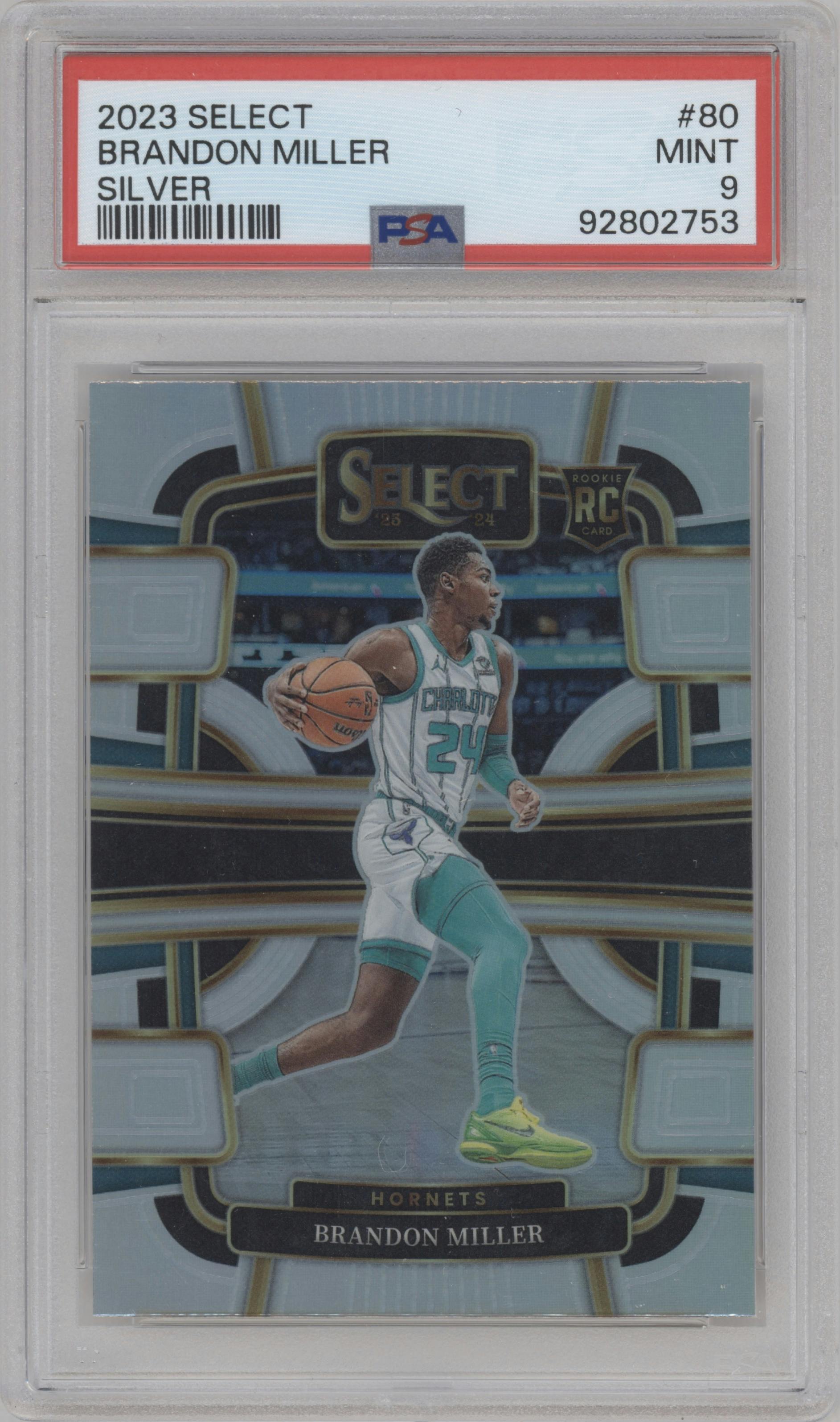 Brandon Miller from the 2023-24 Panini Select  set featuring a Silver Prizm parallel graded by PSA and given an overall grade of 9.