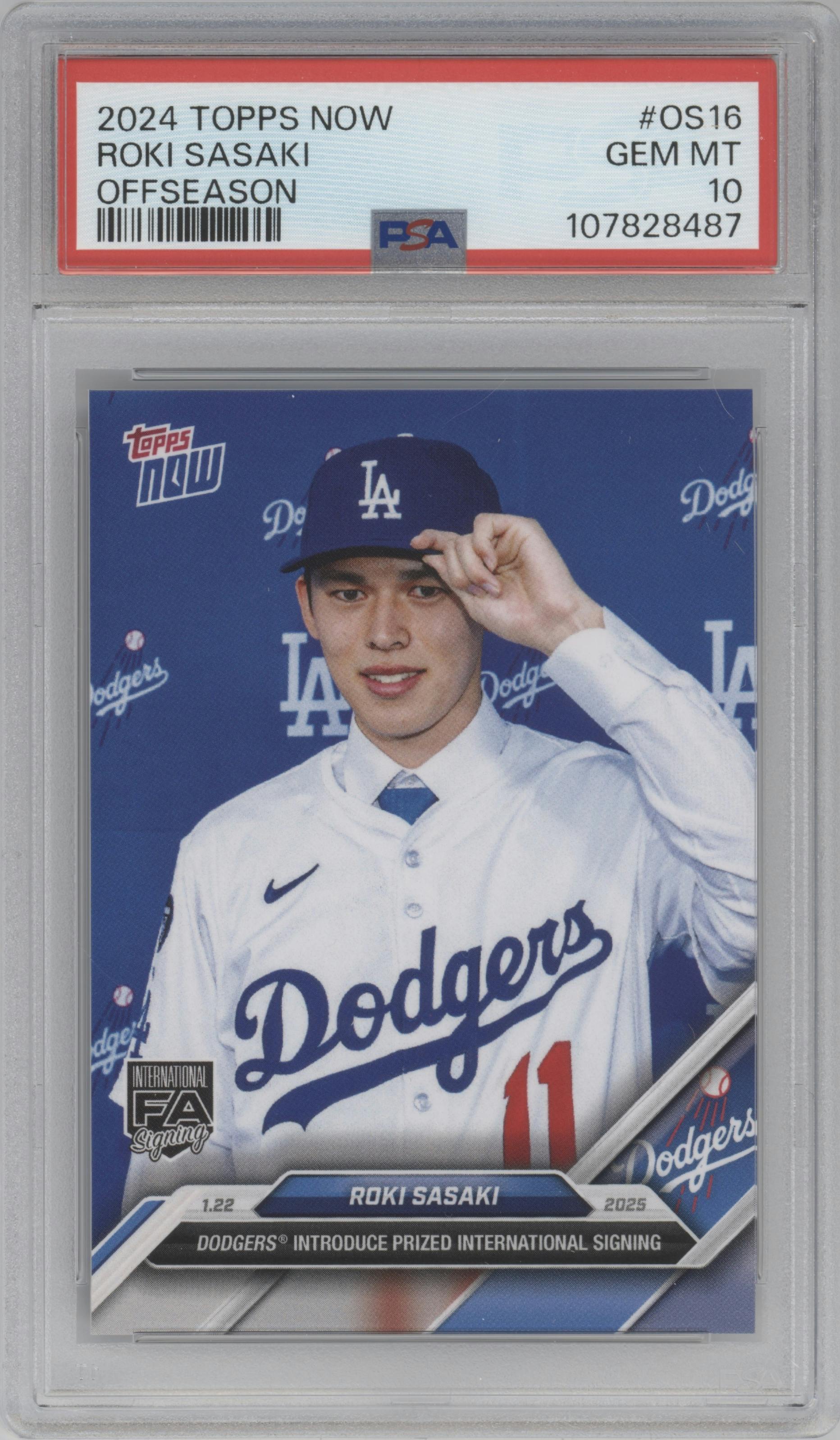 Roki Sasaki from the 2024-25 Topps Now Off-Season set graded by PSA and given an overall grade of 10.