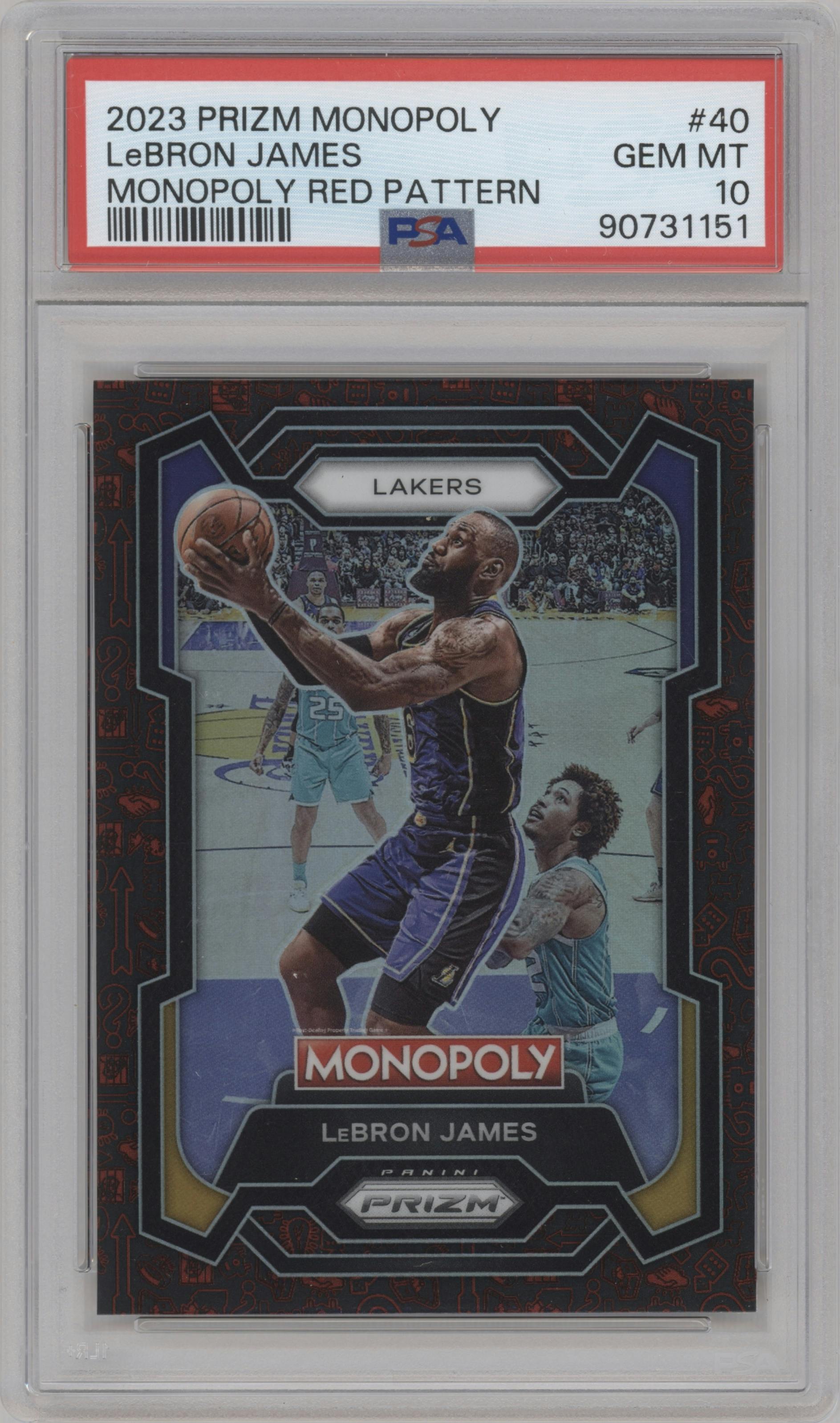 LeBron James from the 2023-24 Panini Prizm Monopoly set featuring a Red Pattern Prizm parallel graded by PSA and given an overall grade of 10.