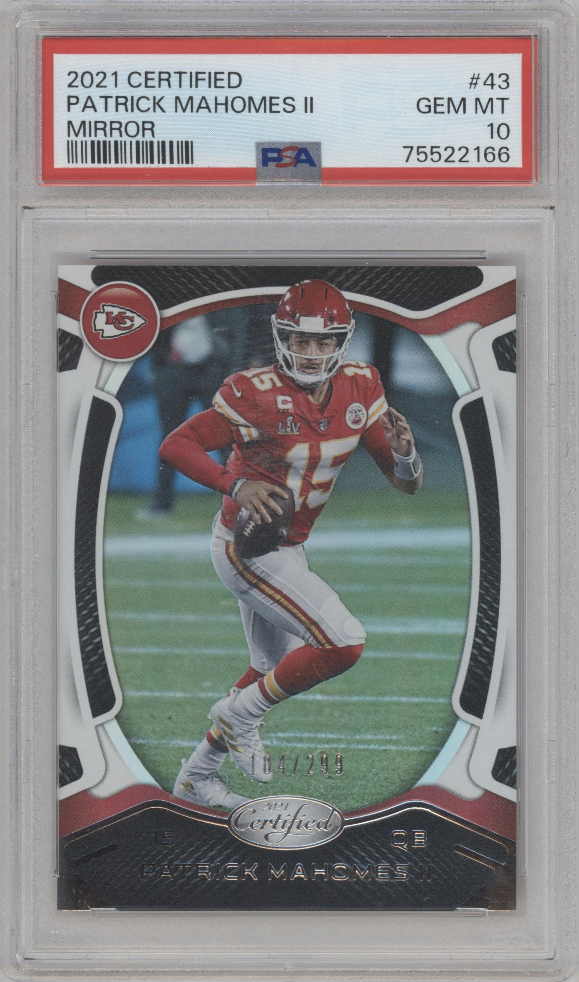 Patrick Mahomes II from the 2021 Panini Certified set featuring a Mirror parallel graded by PSA and given an overall grade of 10.