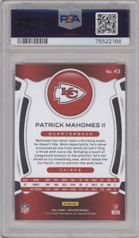 Patrick Mahomes II from the 2021 Panini Certified set featuring a Mirror parallel graded by PSA and given an overall grade of 10.
