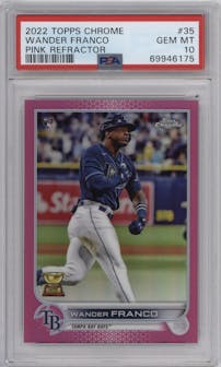 Wander Franco from the 2022 Topps Chrome set featuring a Pink Refractor parallel graded by PSA and given an overall grade of 10.